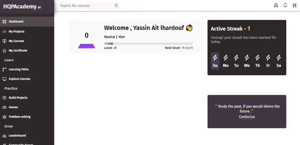 Screenshot of the HQP Academy web platform