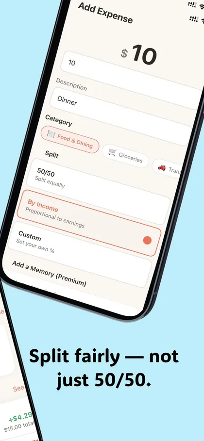 Mutual add-expense screen with income-based split